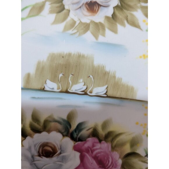 Hand-Painted Swan Lake Floral Decorative Plate With Flowers Gold Trim 8" - Picture 4 of 7